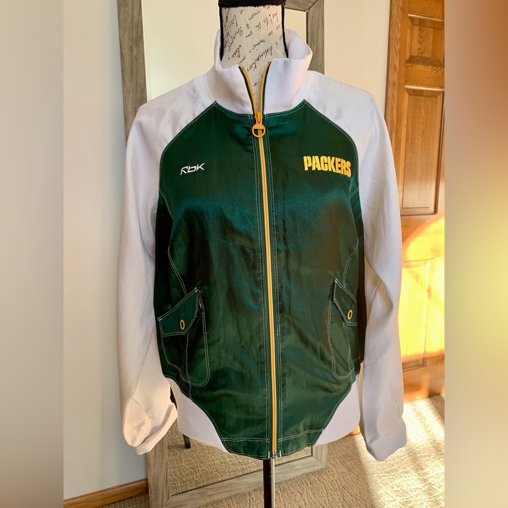 VTG Y2K Reebok NFL Green Bay Packers Satin Varsity Long Sleeve Jacket Sz LARGE